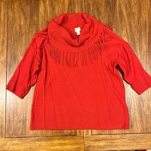 Chico’s Cowl Neck Knit Sweater with Tassels- Holiday Red- Size 1